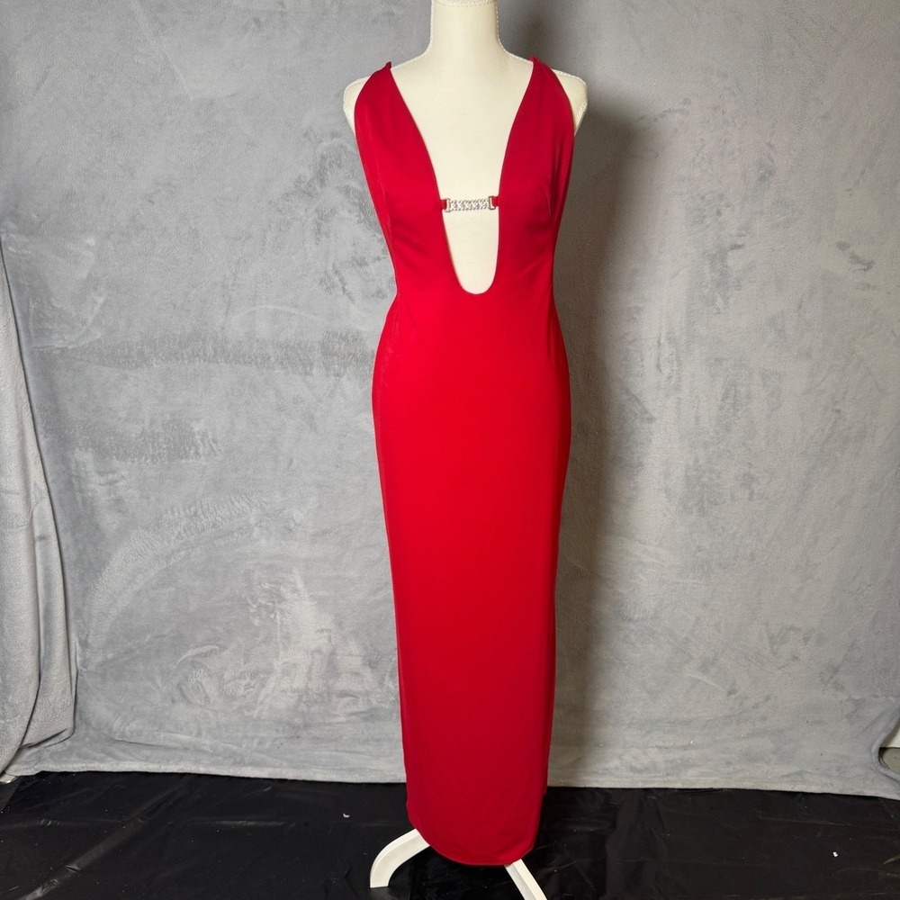 1001 Nights Red Deep Plunge Rhinestone Maxi Dress Vintage Open Back Gown Size 8